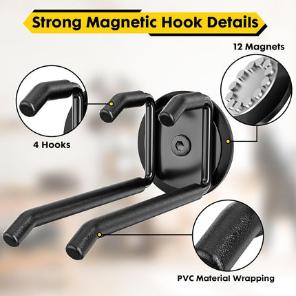 Lvoess Strong Magnetic Hooks Heavy Duty - 2 Pack Rare Earth Magnets for Garage Utility Storage 20lb Hold | Hang Ladder, Power Tools, Toolbox, Shovel, Broom, Extension Cord(E-Blackpro 2)