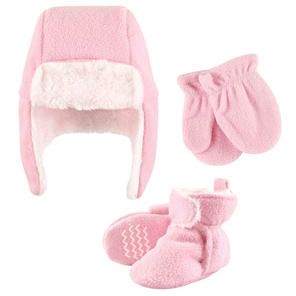 Hudson Baby Conjunto de gorro de trampero, manoplas y botines de bebé, rosa claro, 12-18 meses