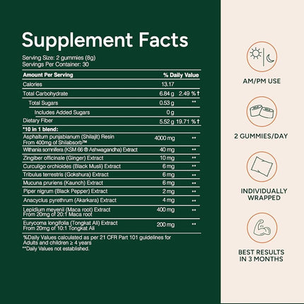 ROOT LABS 10-in-1 Alpha Shilajit Gummies | 4000 mg Pure Himalayan Shilajit, Tongkat Ali, Maca Root, 75% Fulvic Acid | ShilAbsorb Bioavailability Tech | Sugar-Free Vegan, 85+ Trace Minerals | 60 Pack