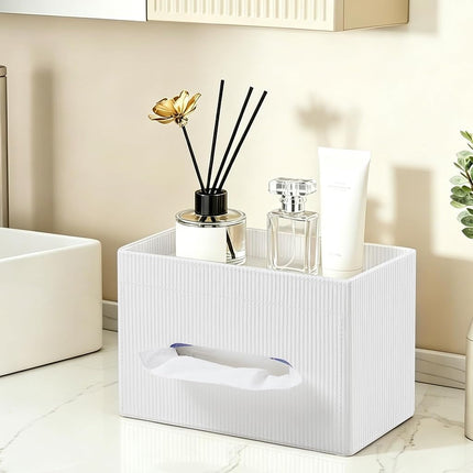 Cretkhp Rectangular Tissue Box Cover with Storage Tray, PU Leather Tissue Box Holder for Bathroom Vanity Countertop Night Stands Bedroom Office Desk, Stylish Tissue Holder Decorative Organizer (White)
