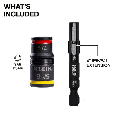 Klein Tools 32931 3-in-1 SAE Impact Socket Set, 1 Flip Socket with 1/4 and 5/16 Nut Driver Sizes and 1/4-Inch Bit Holder, Impact Rated 2-Inch Shaft