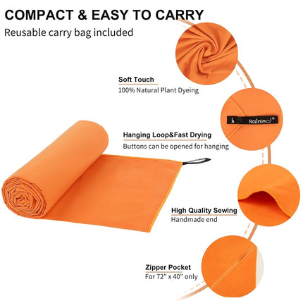 Rainleaf Serviette Microfibre Parfaite pour les Voyages, le Sport et la Plage. Séchage Rapide - Super Absorbante - Ultra Compacte. Idéale pour le Camping, la Randonnée, la Salle de Sport, la Plage, la Natation, le Yoga, Orange, 76 X 152 cm.