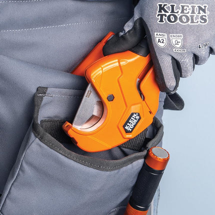 Klein Tools 50063 Ratcheting PVC Pipe Cutter, Cuts 1-1/4-Inch I.D. PVC, CPVC, PEX Pipes, One-Handed Operation, Replaceable Blades