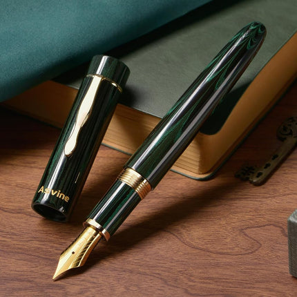 Asvine C2000 Germany Cumberland Ebonite Fountain Pen #8 Fine Nib, Large Handcraft Pen with Converter Pen Box Collection Set- Green