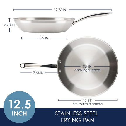 Rachael Ray Professional Stainless Steel Frying Pan/Skillet, Compatible with All Cooktops, Induction Ready, Dishwasher Safe, 12.5 Inch Open Fry Pan - Stainless Steel