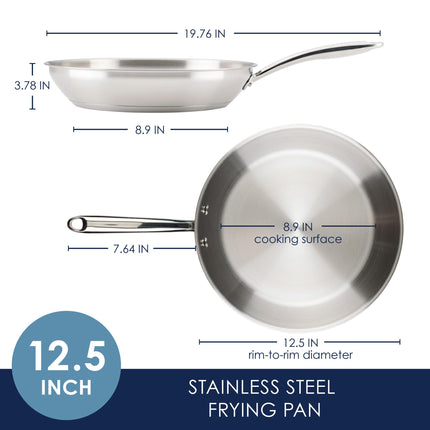 Rachael Ray Professional Stainless Steel Frying Pan/Skillet, Compatible with All Cooktops, Induction Ready, Dishwasher Safe, 12.5 Inch Open Fry Pan - Stainless Steel