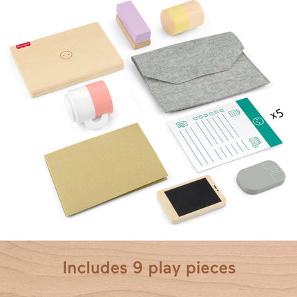 Fisher-Price Wood Pretend Play Work From Home Set, 9-Piece Office Playset with Wooden Toy Laptop & Phone for Preschool Kids Ages 3+ Years, HXV11