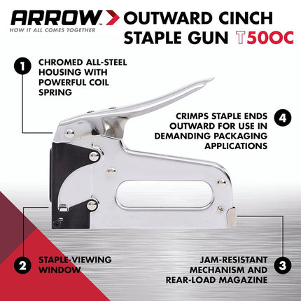 Arrow T50OC Heavy Duty Outward Clinch Staple Gun, Manual Stapler for Packaging and Boxes, Uses T50 Staples in 3/8-Inch, 1/2-Inch, and 9/16-Inch