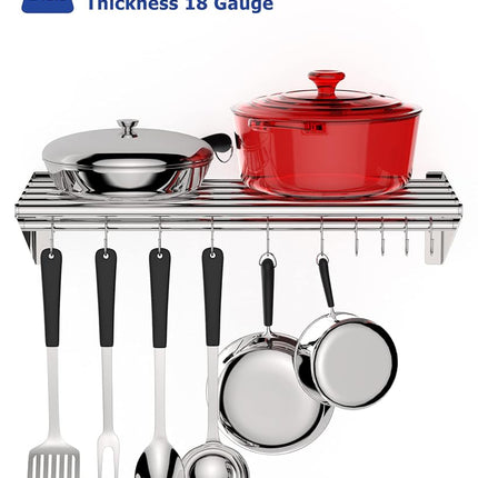 Takywep Stainless Steel Hanging Rack for Kitchen Storage and Organization, [NSF Certified] 12" W*24" L shelf with 10 S Hooks for Hanging Pots, Pans in Home Kitchen, Restaurant & Hotel