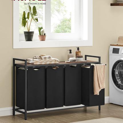 VASAGLE Laundry Hamper, Laundry Basket, Laundry Sorter with 4 Pull-Out and Removable Bags, Shelf, Metal Frame, 4 x 10.6 Gallons (40 L), 45.7 x 13 x 28.4 Inches, Ink Black and Rustic Brown UBLH401B01