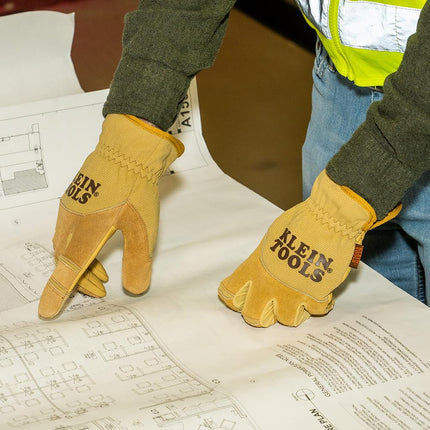KLEIN TOOLS 60607 Work Gloves, All-Purpose Premium Leather Gloves, Abrasion-Resistant, Heavy-Duty Gloves Ideal for Wire Pulling Work, Medium
