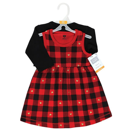 Hudson Baby Baby Girls' Cotton Dress and Cardigan Set, Gold Heart Buffalo Plaid, 5T