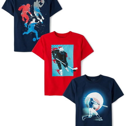 The Children's Place T-shirts graphiques sport à manches courtes pour bébés garçons, lots multiples, Hockey/Joueurs de sport/Baseball lot de 3, Très grand