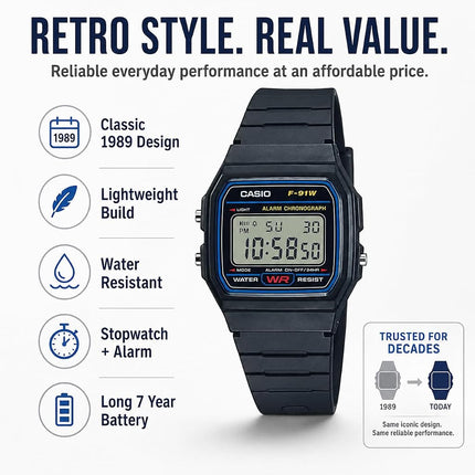 Casio Men's F91W-1 Classic Black Digital Resin Strap Watch