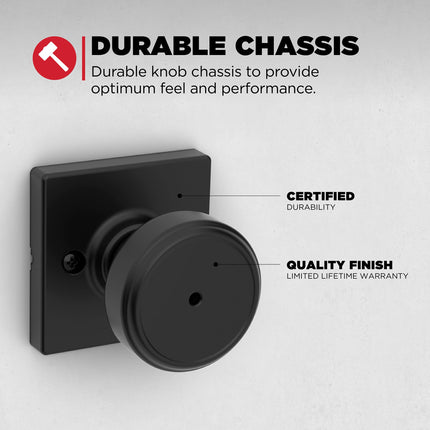 Kwikset Maven Interior Privacy Door Knob with Lock, Square Door Handle for Bathroom and Bedroom, Matte Black Keyless Turn Lock Doorknob, with Microban Protection