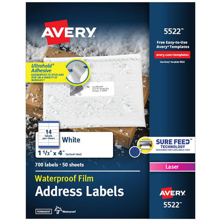 Avery Waterproof Labels with Ultrahold Permanent Adhesive, 1-1/3" x 4", 700 Labels for Laser Printers (5522)