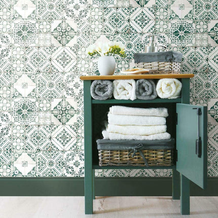 RoomMates RMK11281WP Forest Green Mediterranean Tile Peel and Stick Wallpaper