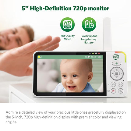 LeapFrog LF915HD Video Baby Monitor with 5” 720p HD LCD Display, 360° Pan & Tilt with 8X Zoom Camera, Color Night Vision, Night Light, Two-Way Intercom, Smart Sensors