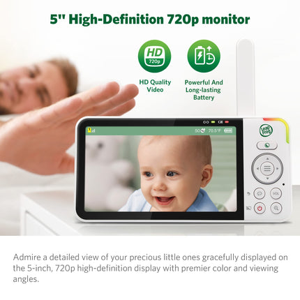 LeapFrog LF915HD Video Baby Monitor with 5” 720p HD LCD Display, 360° Pan & Tilt with 8X Zoom Camera, Color Night Vision, Night Light, Two-Way Intercom, Smart Sensors
