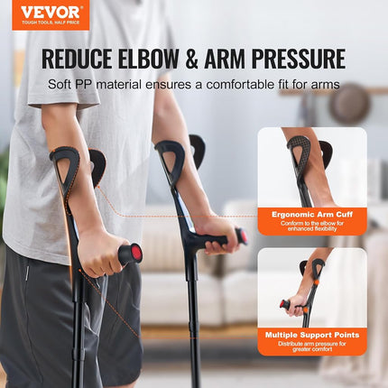 VEVOR Forearm Crutches for Adults, 10-Level Height Adjustable Walking Forearm Crutches, Aluminum Folding Medical Crutches with Open Cuff & Non-Slip Pad for Leg Injury Surgery Disabled, 1 Pair (159 KG)