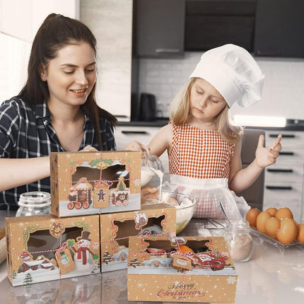 Lot de 12 boîtes à biscuits de Noël, boîtes à friandises pliables avec fenêtre, pour pâtisseries, cupcakes, bonbons et cadeaux, boîtes de boulangerie en kraft de qualité alimentaire, boîtes à biscuits Renne Père Noël, style A