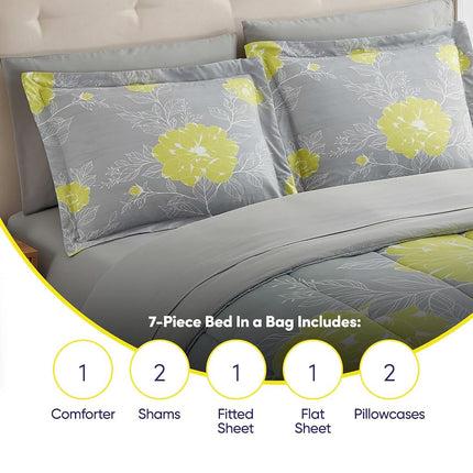 Sweet Home Collection Ensemble de Couette 7 Pièces avec Sac Couleur Unie Toutes Saisons Couverture Douce Alternative au Duvet et Draps de Lit Luxueux en Microfibre, Florence, King
