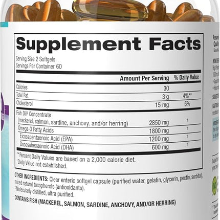 Webber Naturals Triple Strength Omega-3 Fish Oil, 1,800 mg Omega-3 (1,200 mg EPA / 600 mg DHA) per Serving, 120 Clear Enteric Softgels, No Fishy Aftertaste, for Heart, Brain and Joint Health