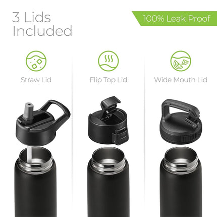 SipX™ Insulated Water Bottle with 3 Lids 25 oz (740 mL). Leakproof Stainless Steel, Triple Insulated – Cold 24 Hours/Hot 12 Hours – Durable Bottle for School, Gym, Travel – Black