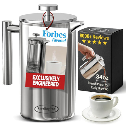 Cafetière à piston en acier inoxydable SterlingPro 1 L (34 oz) miroir – Grande cafetière à double paroi isolée, conception durable pour garder les boissons chaudes, facile à utiliser et à nettoyer pour une infusion riche en saveur