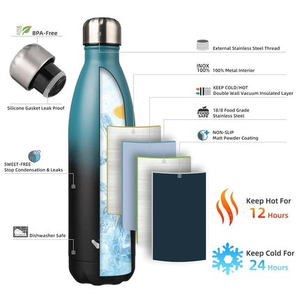 Bouteilles d'eau isolées Konokyo, gourde isotherme en acier inoxydable à double paroi de 750 ml pour le sport et les voyages, noir indigo
