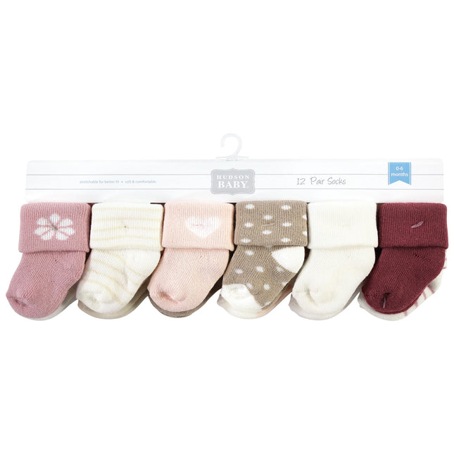 Hudson Baby Unisex Baby Cotton Rich Newborn and Terry Socks, Blush Heart, 6-12 Months, Blush Heart, 6-12 Months