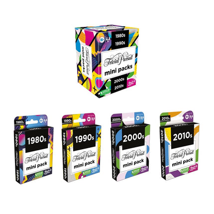 Trivial Pursuit mini packs, multipack, fun questions for adults and young people aged 16 and over, contains 4 games spanning 4 decades, language - English