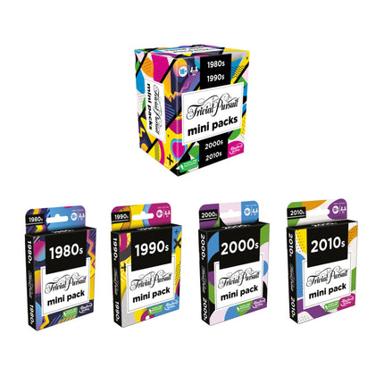Trivial Pursuit mini packs, multipack, fun questions for adults and young people aged 16 and over, contains 4 games spanning 4 decades, language - English