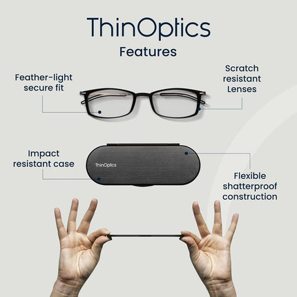 ThinOptics Blue Light Blocking Glasses 1.00, Black Frame, 4mm Case, Compact