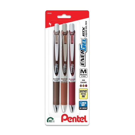 Bolígrafo de gel líquido retráctil Pentel EnerGel RTX, tono cambiante, 0.7 mm, tinta sepia, marrón y borgoña, paquete de 3 bolígrafos (BL77CHABP3M)