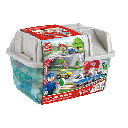 Hape City Railway and Train Bucket Set Toy with storage box that forms part of the scene, Ages 3 and up