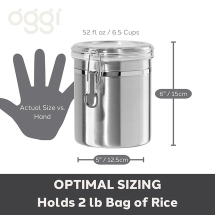 Oggi Stainless Steel Kitchen Canister 152 fl oz - Airtight Clamp Lid, Clear See-Thru Top - Ideal for Kitchen Storage, Food Storage, Pantry Storage. Jumbo Size 8" x 8".