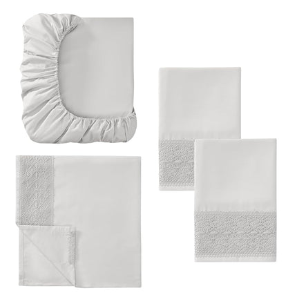 Modern Threads Amrapur Pacific Coast Textiles 4 PIECE CROCHET LACE MICROFIBER SHEET SET DOVE GRAY KING, Microfibre