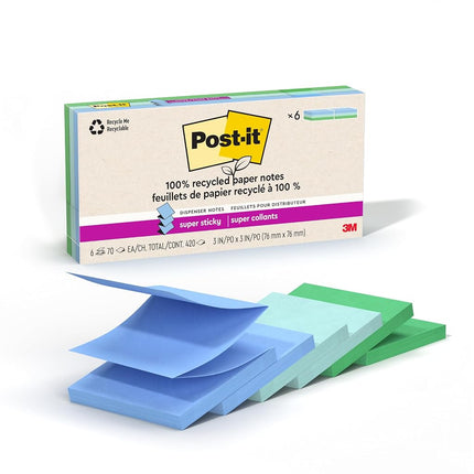 Post-it 100% Recycled Paper Super Sticky Pop-up Notes, 2X The Sticking Power, 3x3 in, 6 Pads, 70 Sheets/Pad, Oasis Collection (R330R-6SST)