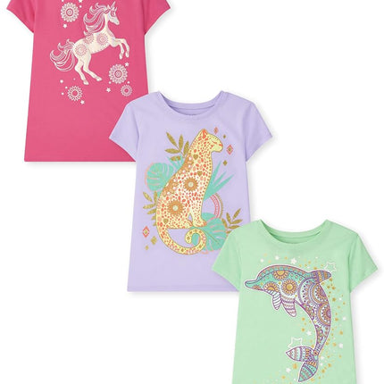 The Children's Place Pack de 3 camisetas gráficas de manga corta para niñas, Animal Multi, M