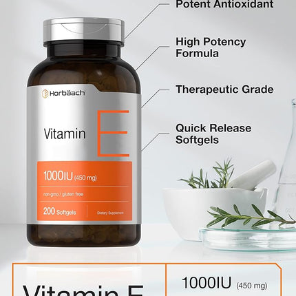 Vitamin E Capsules 1000 IU | 200 Softgels | Non-GMO, Gluten Free, Preservative Free | by Horbaach