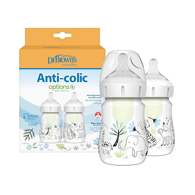 Dr. Brown’s Natural Flow® Anti-Colic Options+™ Wide-Neck Baby Bottle Designer Edition Bottles, Jungle Decos, 5 oz/150 mL, Level 1 Nipple, 2-Pack, 0m+