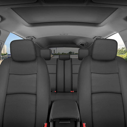 PU Leather Car Seat Covers w/Two-Tone Carpet/Vinyl Trim Car Floor Mats – Front and Back Split Bench Seat Covers, Steering Wheel Cover, Floor Mats for Cars Trucks Vans and SUVs (Black)