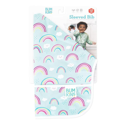 Bumkins Sleeved Bib, Handy Tie Closure for Custom Fit, Catch-All Pocket, Baby-Led Weaning, Waterproof, Machine Washable, Stain & Odour Resistant, BPA Free, 6-24 Months, Rainbow Design