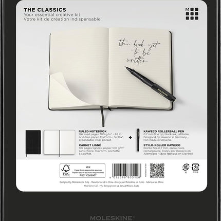 Moleskine x Kaweco, Classic Hard Cover Notebook and Rollerball Refillable Pen in ABS Plastic for Writers, Note-Takers, Refill 0.7mm With Black Ink Included, Colour Black