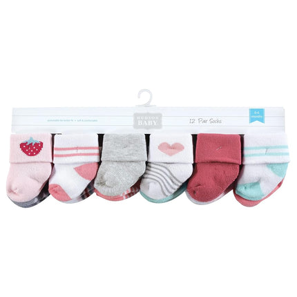 Hudson Baby Calcetines de Felpa y Algodón Rico para Recién Nacidas, Fresa, Paquete de 12, 6-12 Meses