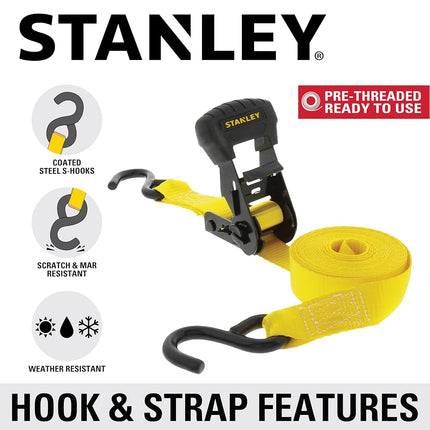 STANLEY S1020 1.25" x 16' Pre-Threaded Ratchet Straps - 1,000 LBS Safe Working Load / 3,000 LBS Break Strength, 2 Pack