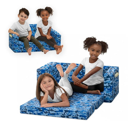 Delta Children Cozee Flip-Out Sofa - 2-in-1 Convertible Sofa to Lounger for Kids, Blue Camo