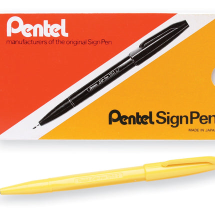 Pentel Sign Pen Fiber-Tipped Pen, Yellow Ink, Box 