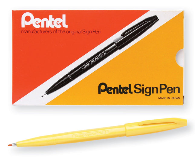 Pentel Sign Pen Fiber-Tipped Pen, Yellow Ink, Box 